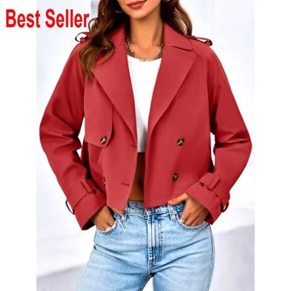 Cropped Trench Coat Double Breasted Lapel Jacket Vintage Casual Lightweight